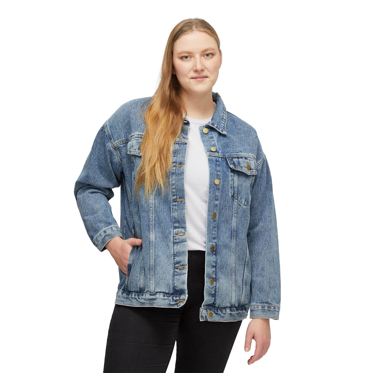 Custom Women's Denim Jacket with Woman Studying Bible Inspired Design