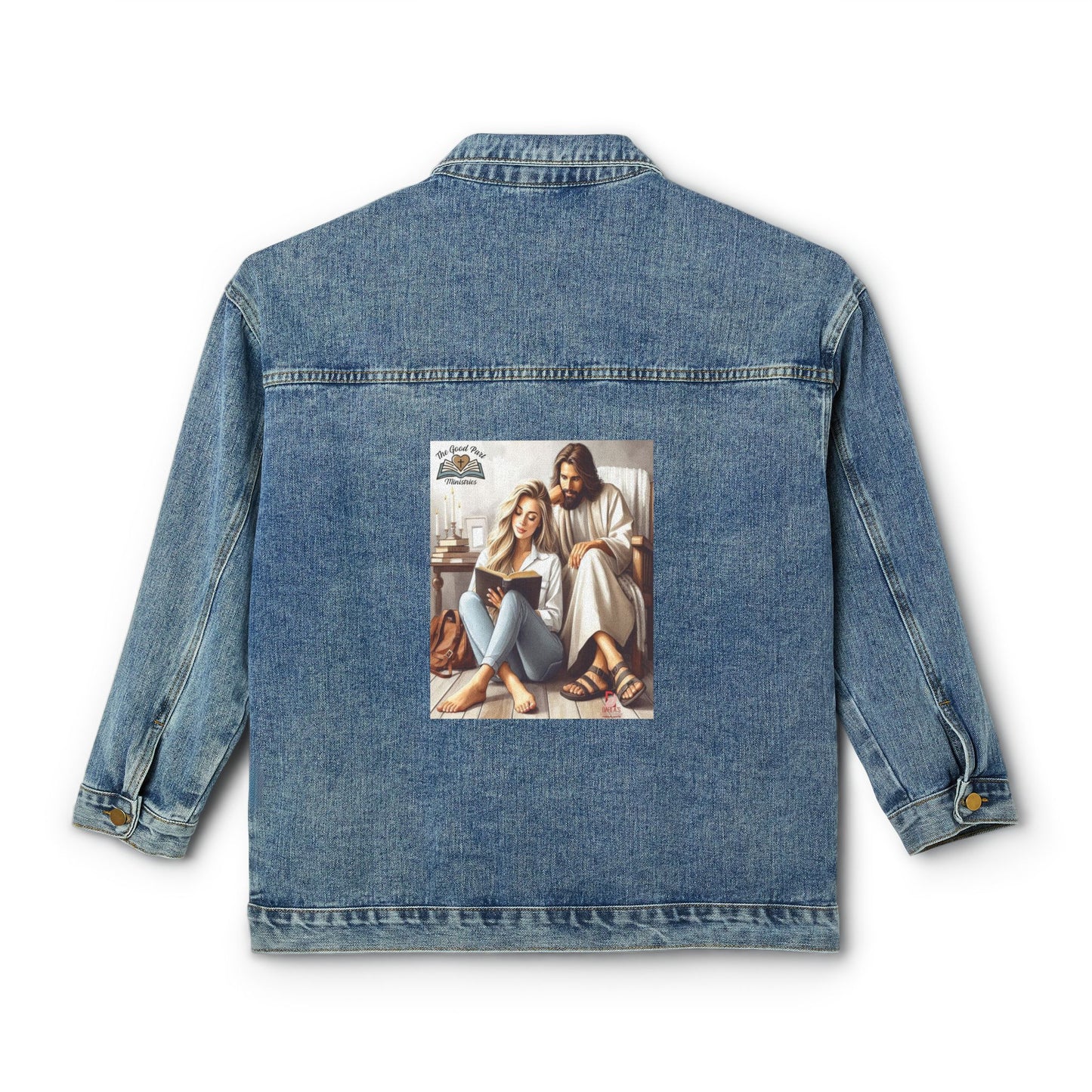 Custom Women's Denim Jacket with Woman Studying Bible Inspired Design