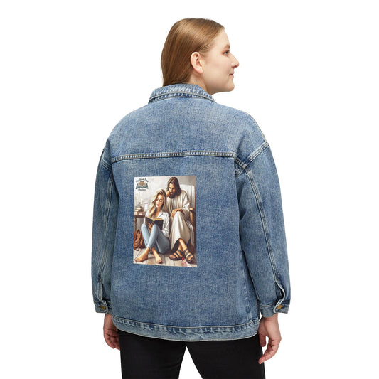 Custom Women's Denim Jacket with Woman Studying Bible Inspired Design